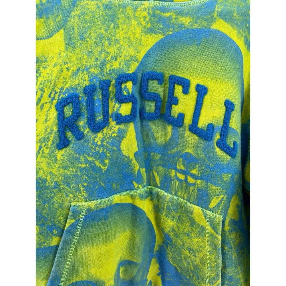 Russell Athletic Skull Hoodie Neon‎ Green Blue Y2K Grunge Small Unisex